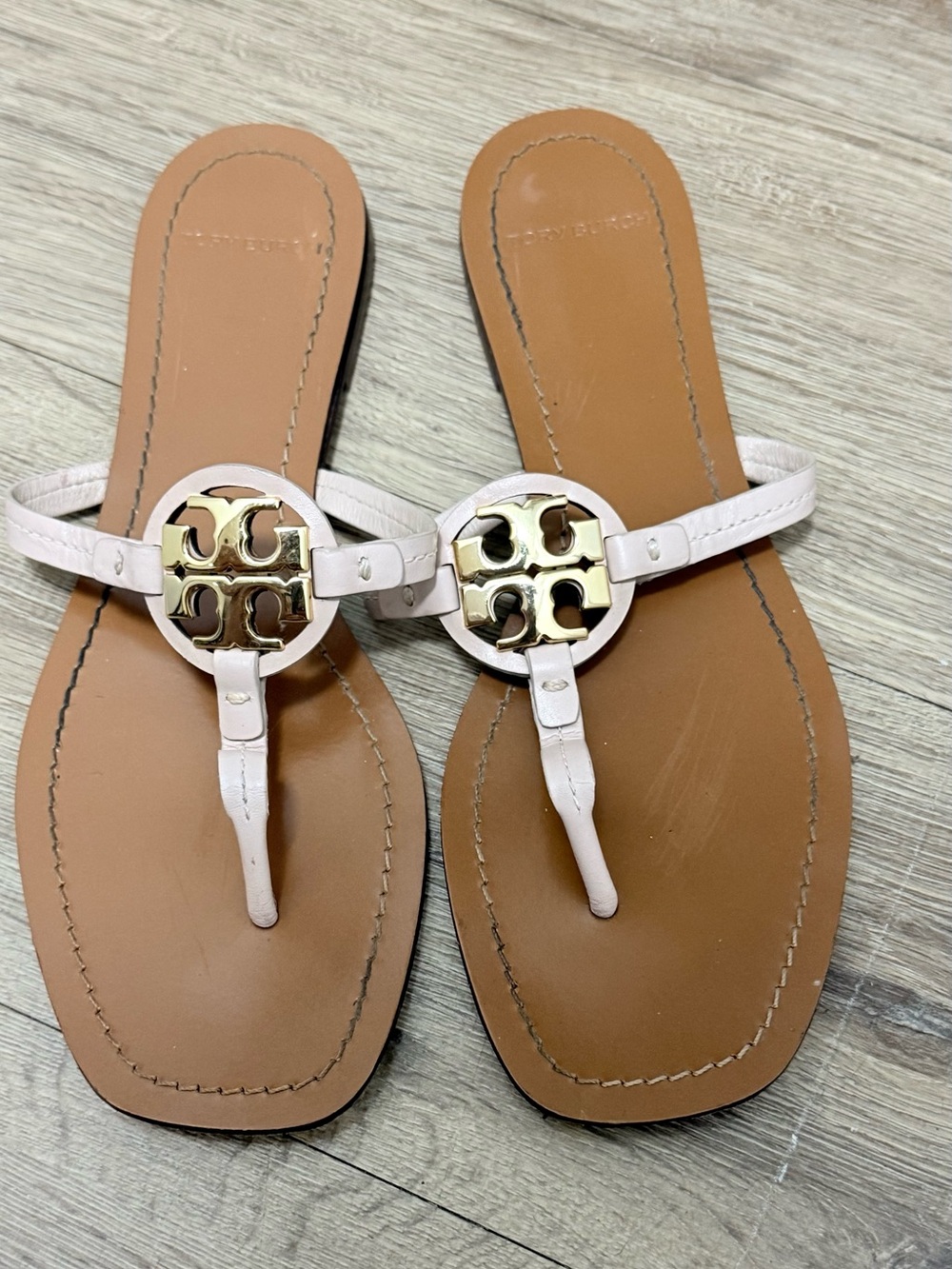 Tory Burch Pink and Tan Miller Logo Thong Sandals